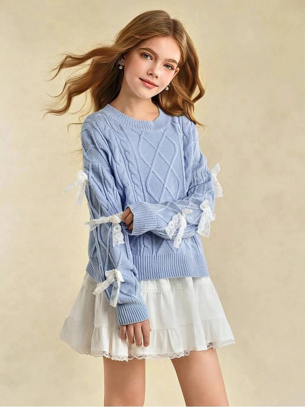 Girls Lace Bow Cable Knit Sweater